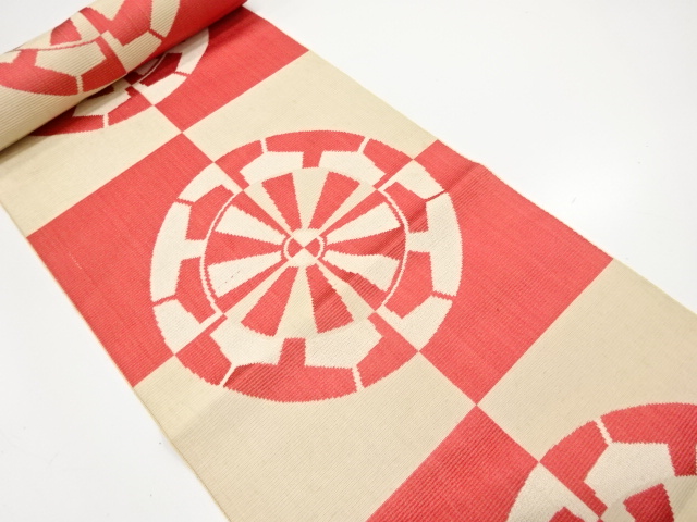 JAPANESE KIMONO / ANTIQUE BOLT FOR HASSUN OBI / WOVEN WHEEL & CHECKERED